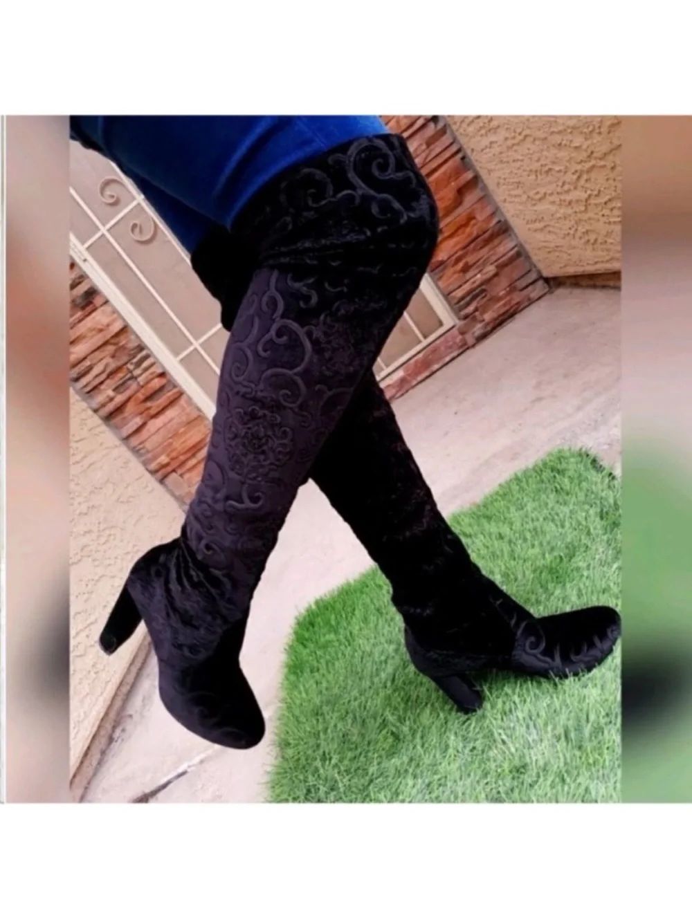 Black embroidered over the knee boots chunky block heel velvet